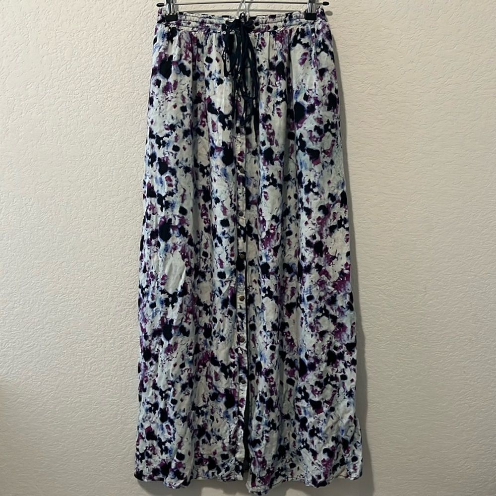 GREYLIN Purple Black and White Watercolor Button Up Maxi Skirt, Size XS